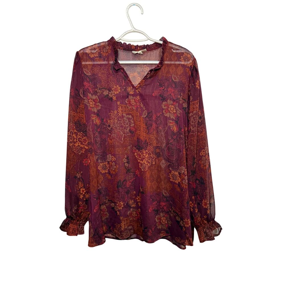 Sheer Floral V-Neck Blouse in Burgundy